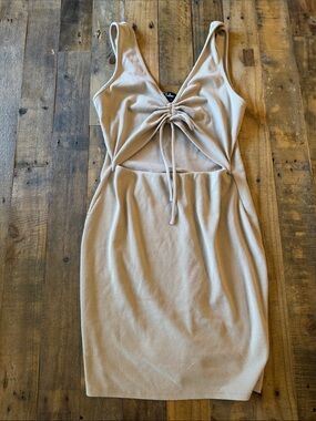 Lulu's Taupe Ribbed Tie-Front Mini Dress